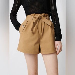 Maje Camel Cotton Canvas Belted Shorts